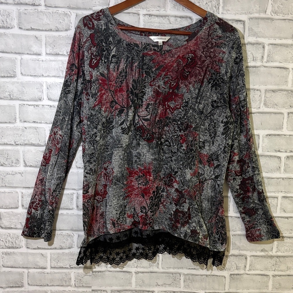 Northern Reflections Red and Gray Floral Long Sleeve Top, XXL